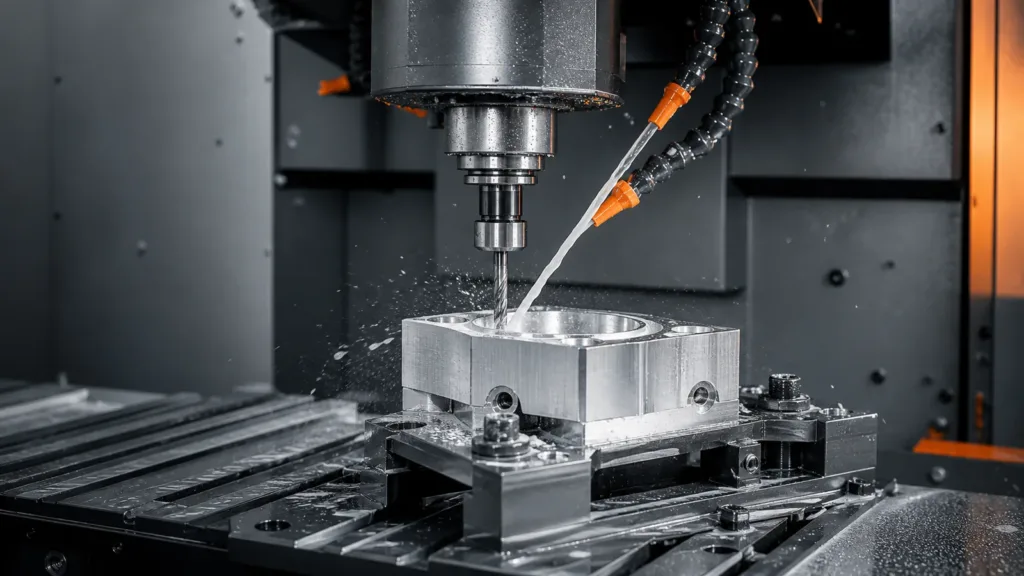 CNC milling operation machining a precision aluminum component