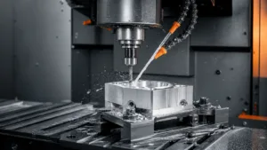 CNC milling operation machining a precision aluminum component