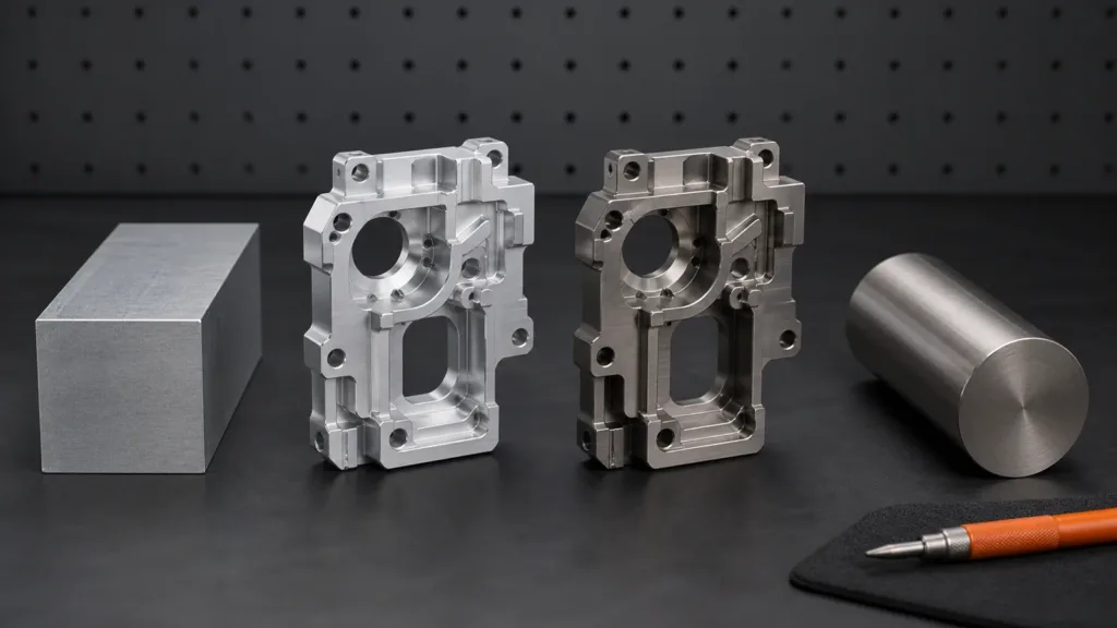 Comparable aluminum and stainless steel CNC-machined components with matching raw stock