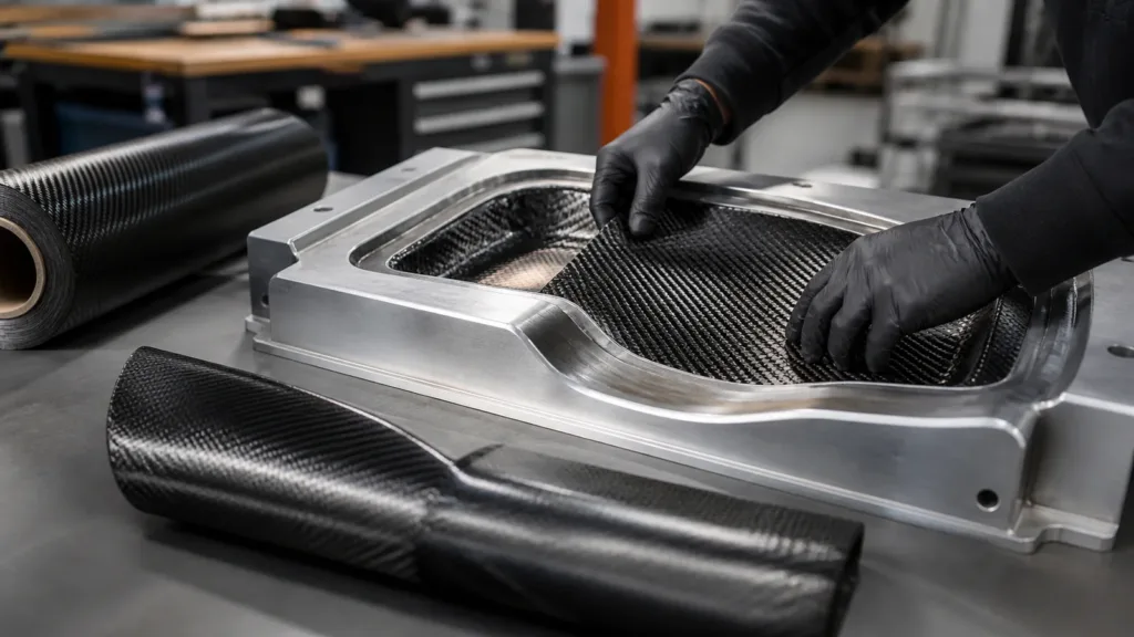 Technician positioning carbon fiber prepreg in a precision molding tool