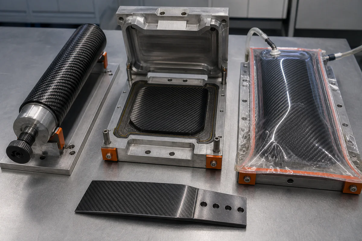 Roll-wrapped tube, matched-die molding tool and vacuum-bagged carbon fiber laminate representing three composite manufacturing routes