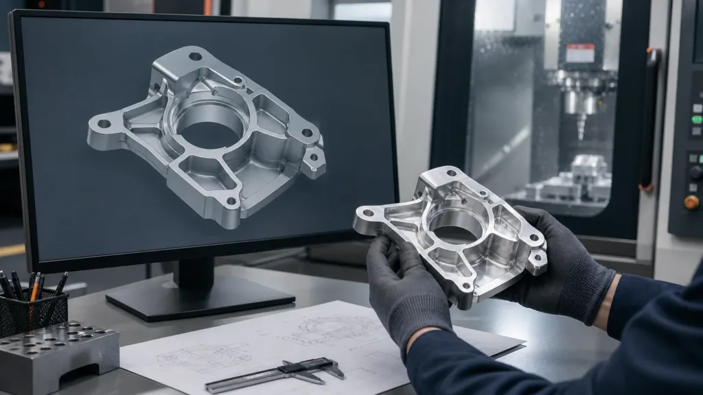 Engineering review comparing a CNC-machined component with its digital geometry