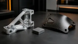 Machined aluminum component and carbon fiber panel presented as two manufacturing-route options