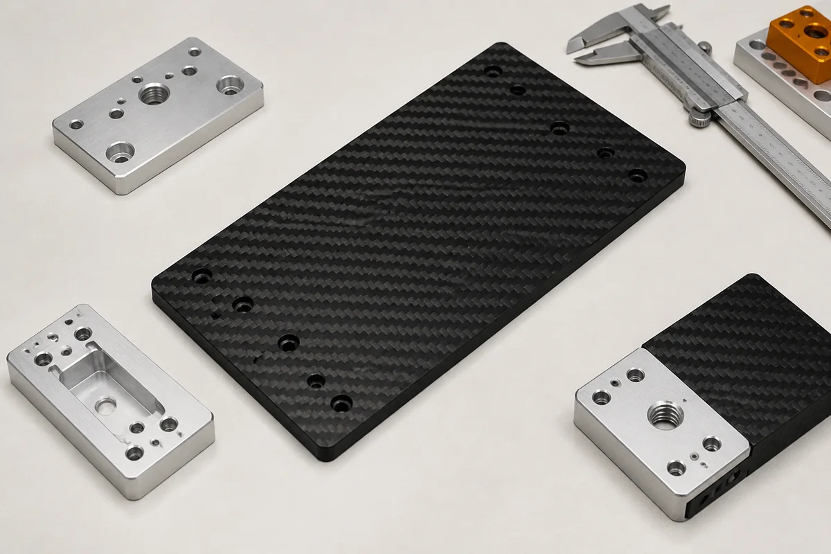 Machined metal bracket composite panel and hybrid insert arranged for manufacturing-route comparison