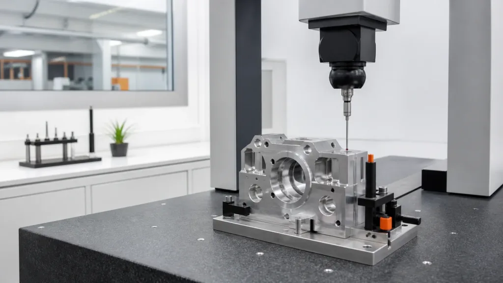 Coordinate measuring machine inspecting a CNC-machined component