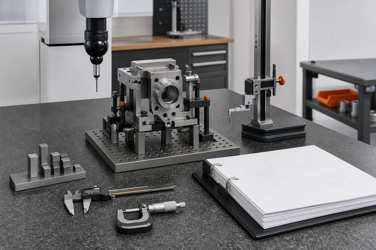 Machined component datum fixture and measurement tools arranged for inspection planning