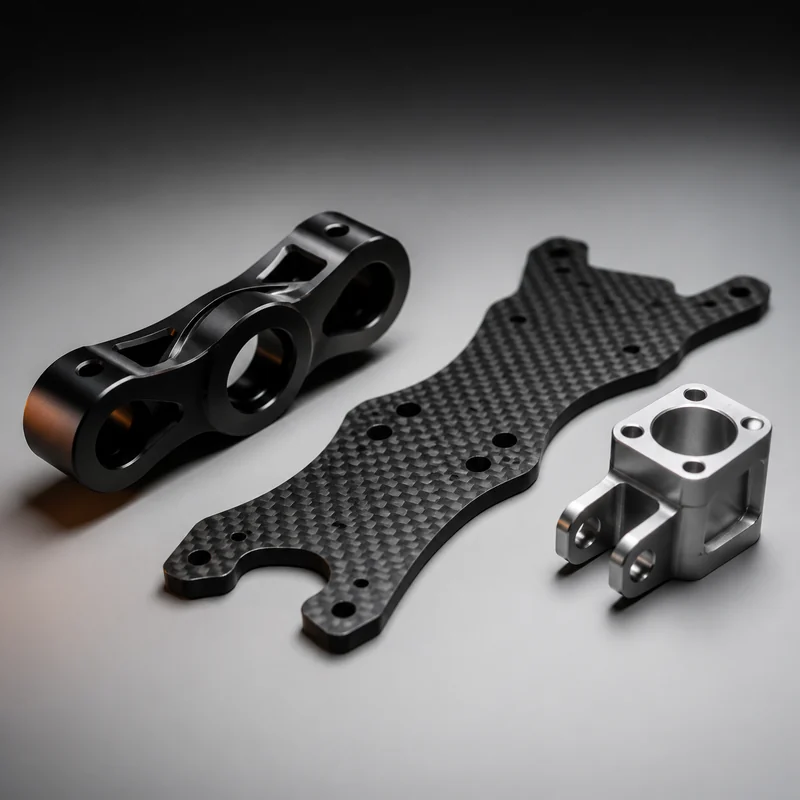 Representative machined aluminum and carbon-fiber components for drones