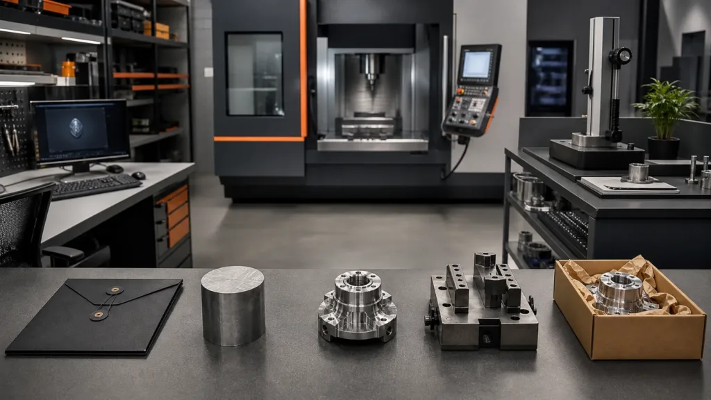 CNC manufacturing workflow from inquiry through inspected and packed component