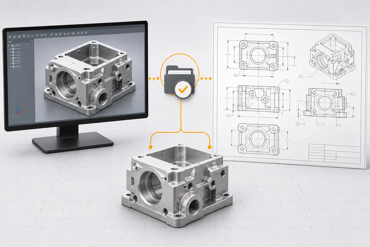 Matching 3D model, 2D drawing and machined part prepared as one controlled RFQ file set