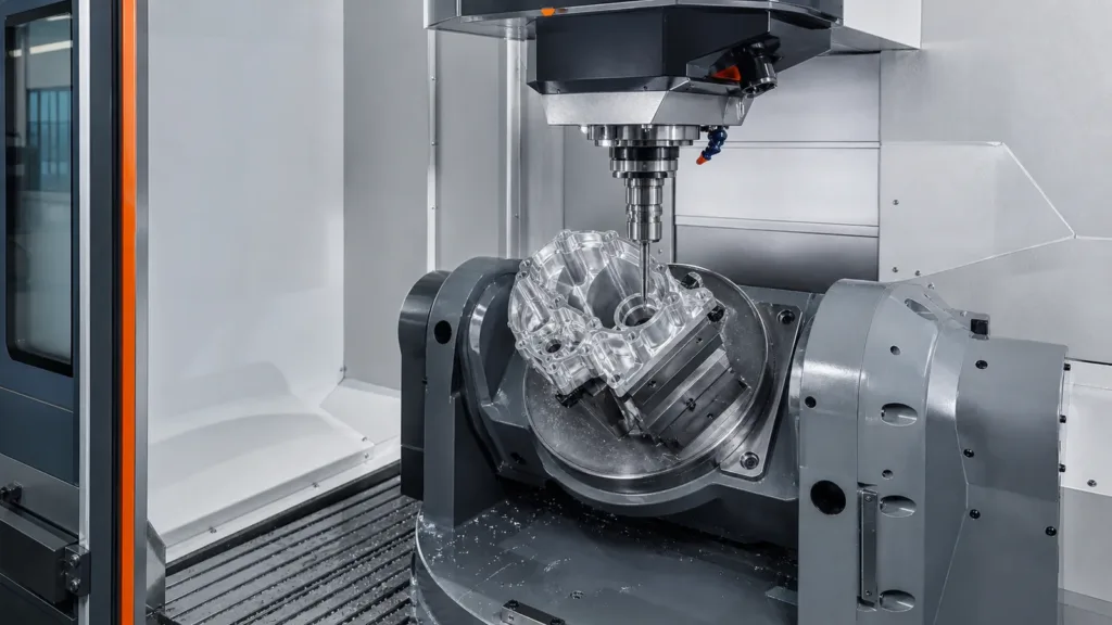 Five-axis CNC machining of a complex aluminum component