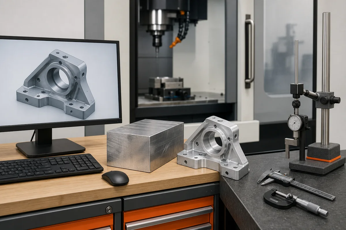 CNC workflow from digital geometry and raw stock to a machined component and inspection