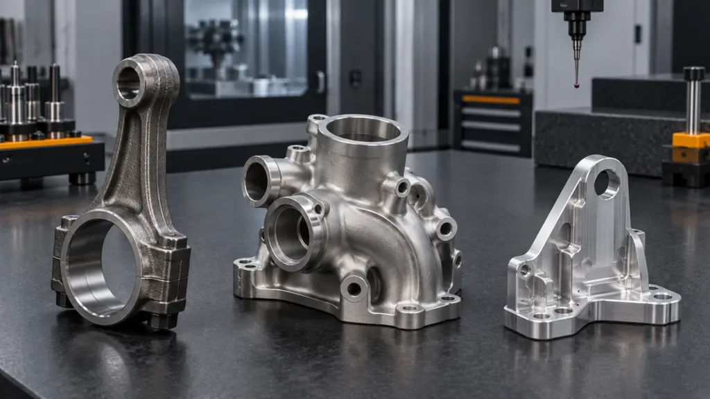 Forged, precision-cast and CNC-machined metal components shown as three manufacturing-route options