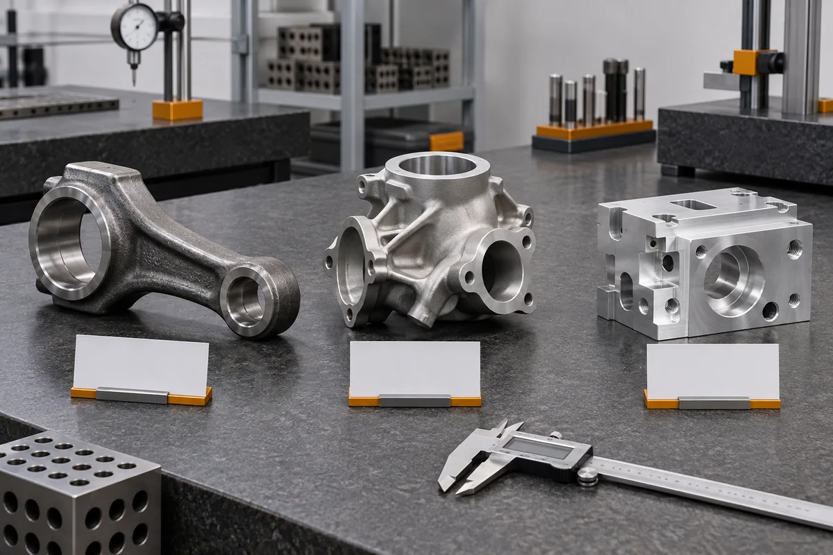 Forged, precision-cast and CNC-machined metal components arranged for process comparison