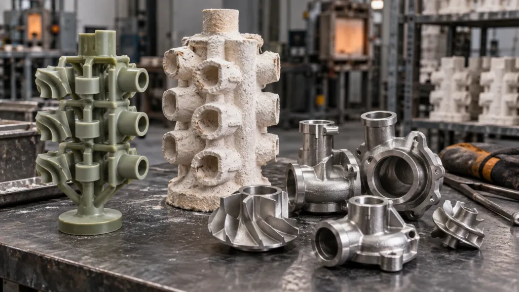 Precision casting workbench with wax patterns, ceramic shell and finished cast components