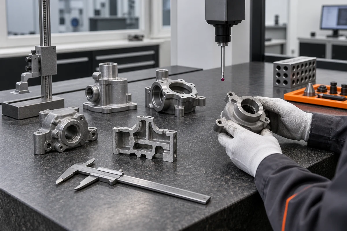 Cast metal components reviewed with a CMM probe and inspection tools