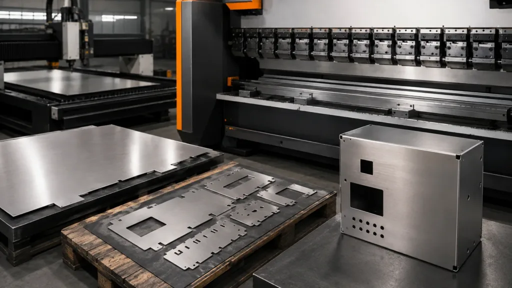 Sheet metal fabrication stages from flat blank to formed enclosure
