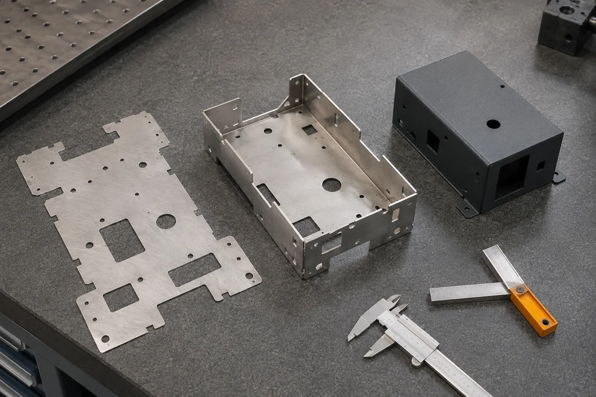 Flat blank, bent sheet metal assembly and finished enclosure shown as three fabrication stages