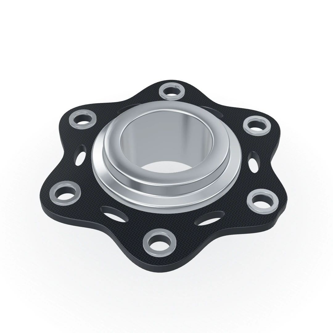 Illustrative CNC metal hub and carbon-fiber mounting plate, viewed from 45 degrees above